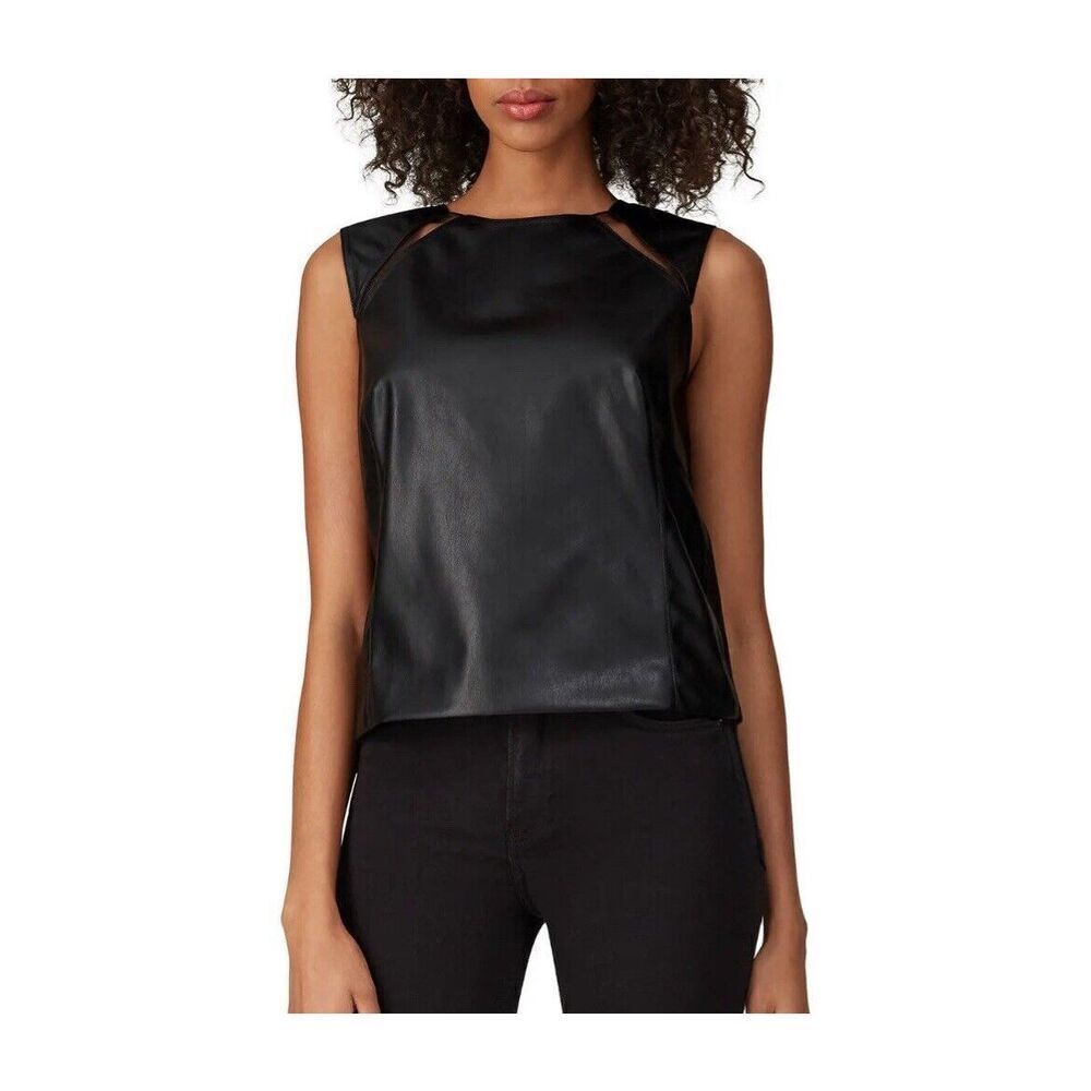 KF/ KaufmanFranco Top Women 2 Faux Leather Cutout Sleeveless Black Ponte Zipper